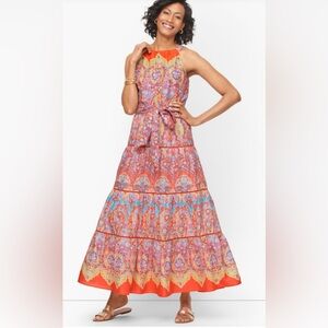 Talbots Tiered Halter Maxi Dress Medallion Size 14 Missing belt.